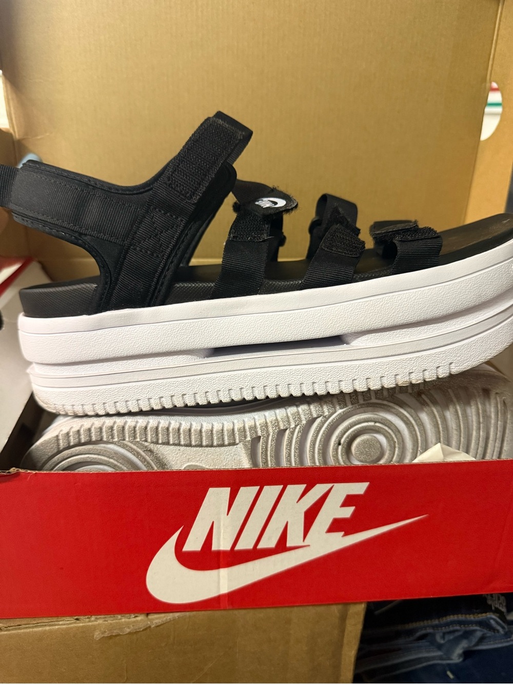 Nike Black Strappy Platform Sandals with White Sole